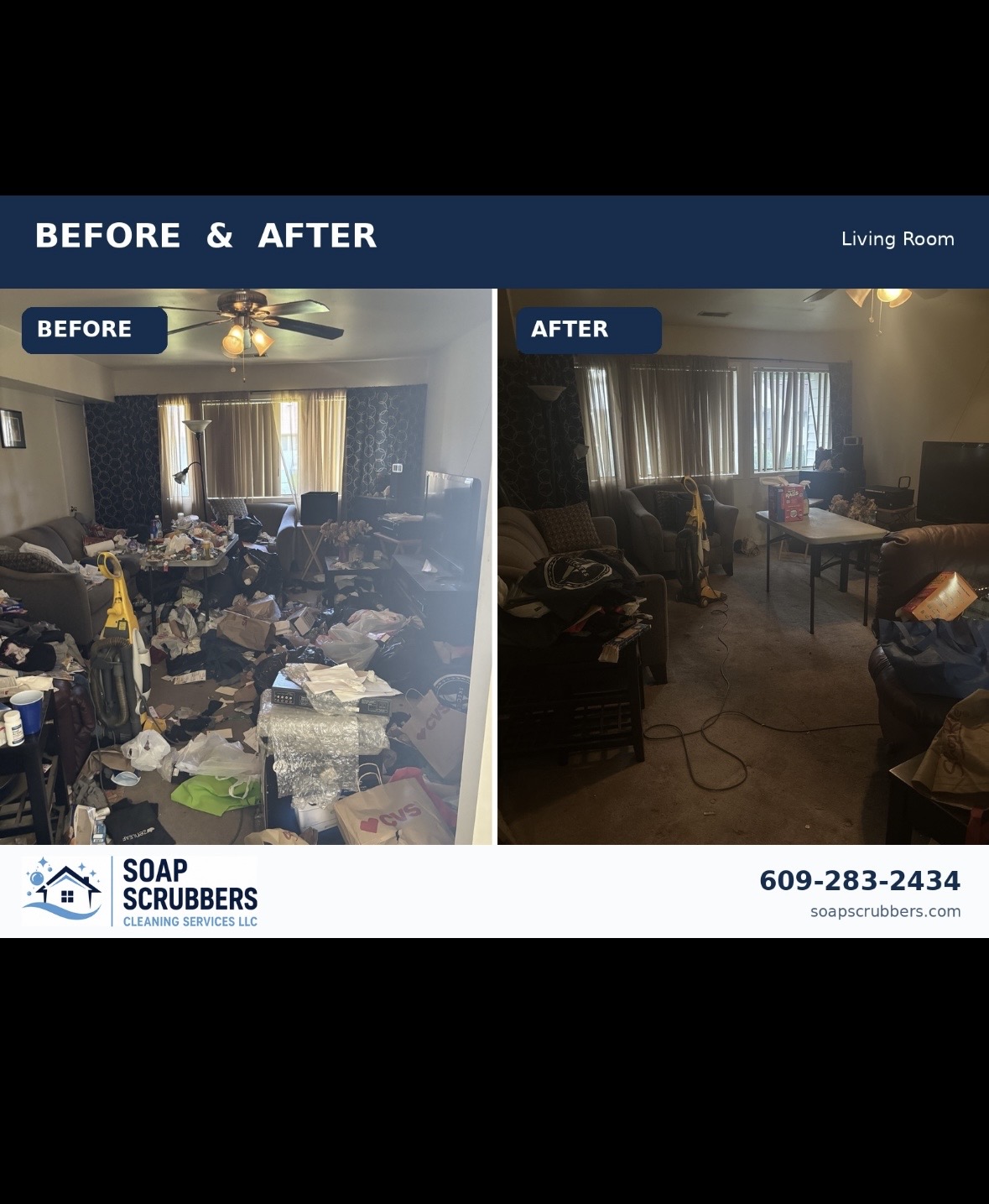 Before and after living room cleaning by Soap Scrubbers Cleaning Services